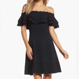 Eliza J Womens Off the Shoulder Fit & Flare Navy Blue Dress Flutter Ruffles Sz M